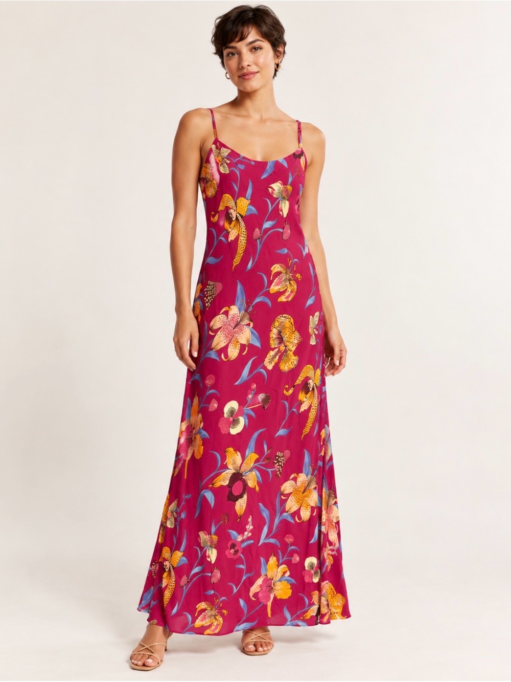 FARM Rio Magenta Floral Slip Maxi Dress with Yellow Accents